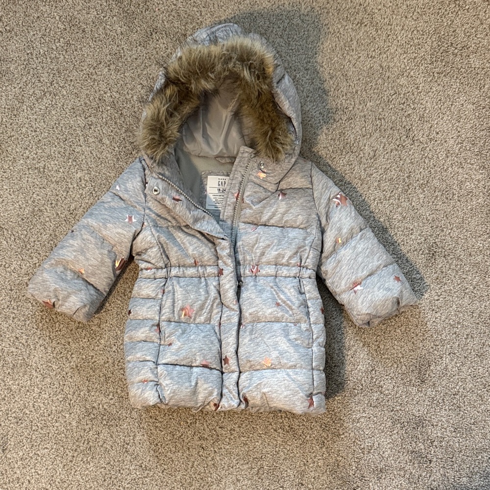 GAP Kids Gray Puffer Jacket with Faux Fur Hood
